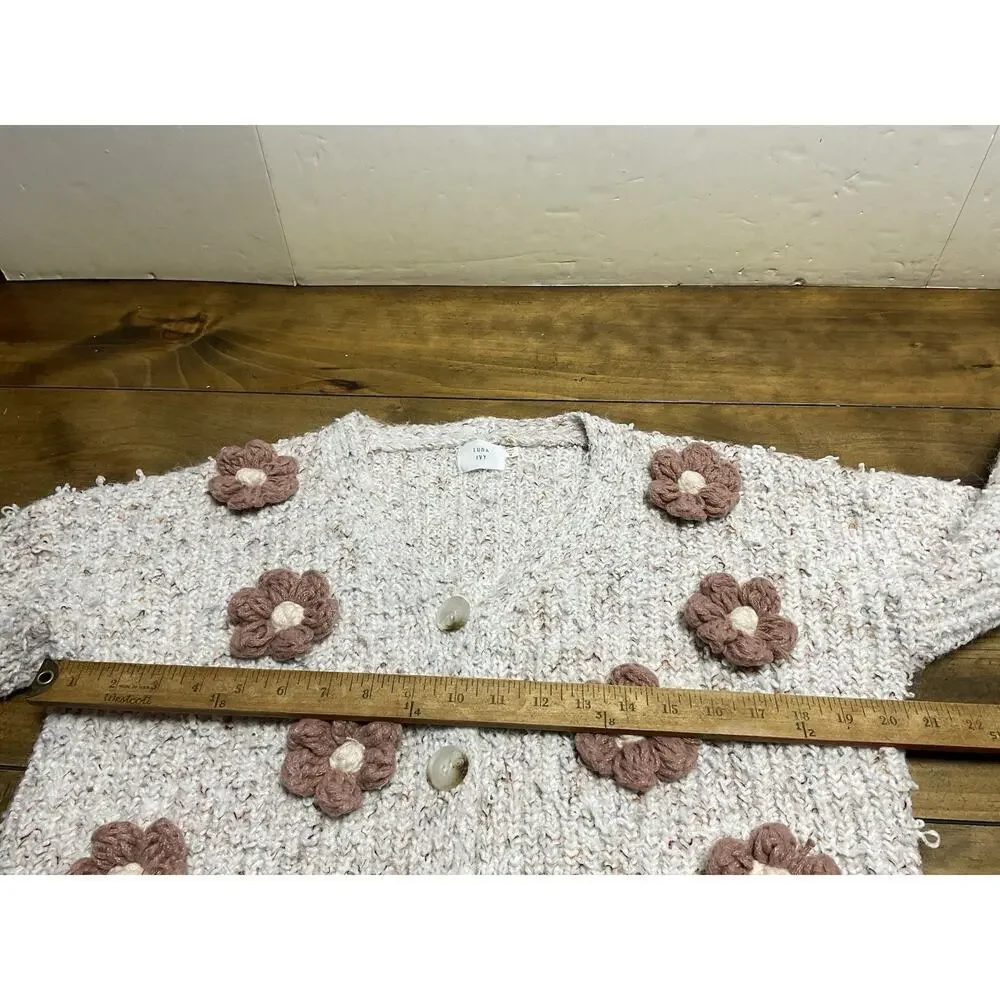 Luna Ivy Flower Crochet Oversized Cardigan Sweater Top Warm Beige Medium